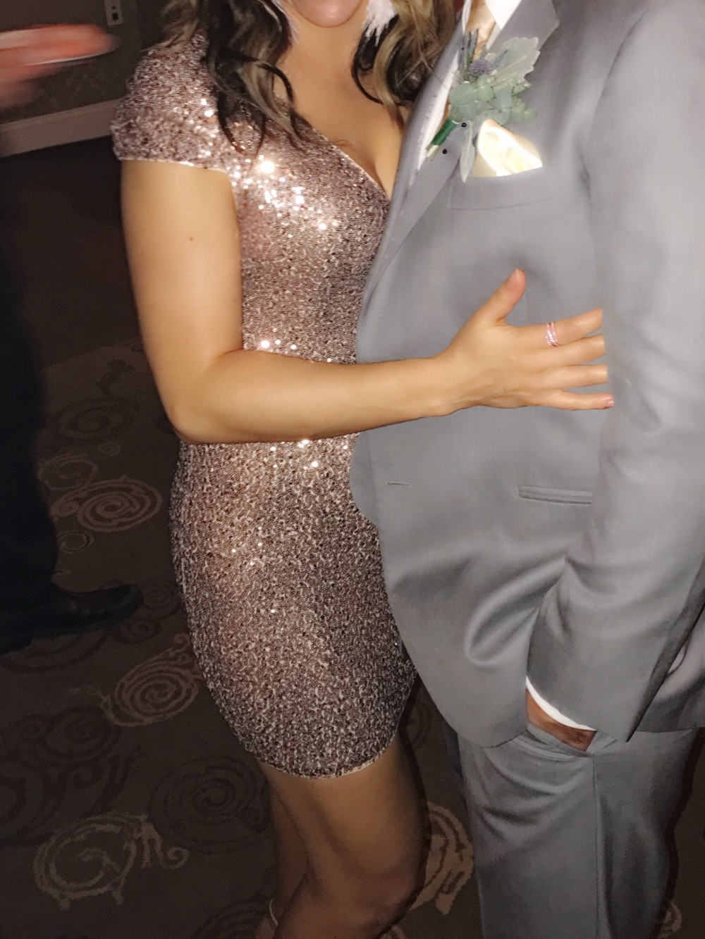 Sequined V-Neck Cap Sleeve Dress in Rose Gold